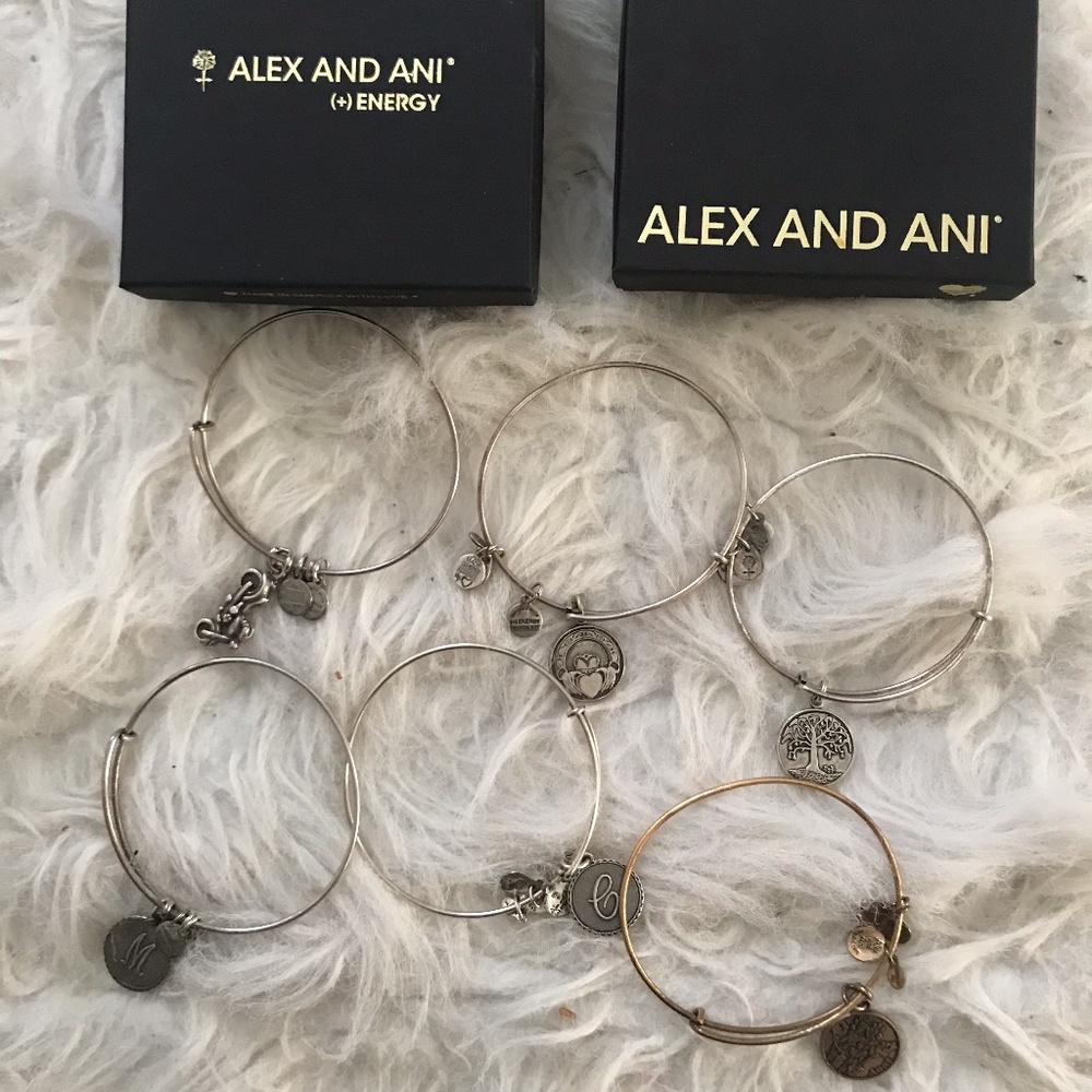 Lot of (6) Alex and Ani Charm Bracelets & 2 boxes